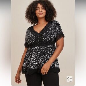 Torrid Babydoll Super Soft Lace Trim Button-Front Top